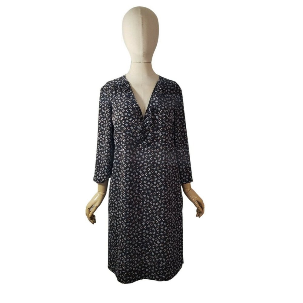 GERARD DAREL Floral Zipper Ruffle Front 3/4 Sleeve Shift Dress Size 40 US-8